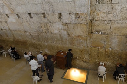 Israel, Jerusalem, holy city, the old town listed as World Heritage by UNESCO, covered part of the Western Wall part of the retaining walls of the Temple Mount built by Herod the Great, Orthodox Jews praying
