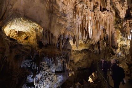 France, Dordogne (24), Périgord Vert, Villars, Grotte de Villars, concrétions dans les grottes et touristes