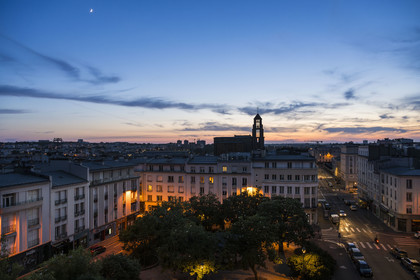 France, Finistère, Brest, the Saint-Louis de Brest church built between 1953 and 1958, rue de Lyon right, the square de la Tour d’Auvergne in the foreground