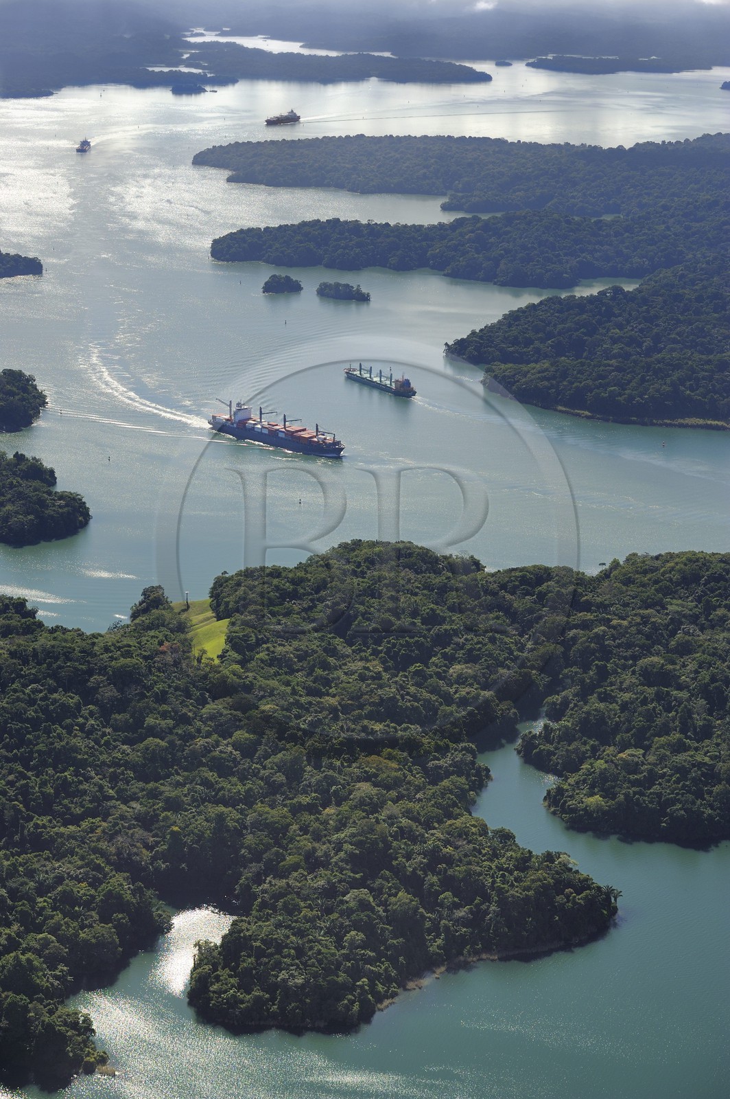 Panama, Canal de Panama, cargo panamax et ilots sur le lac Gatun (vue aérienne)