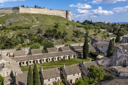 France, Gard, Villeneuve les Avignon, the Charterhouse of Val de Benediction, the great cloister or cloister of the dead overlooked by Fort Saint André (aerial view)