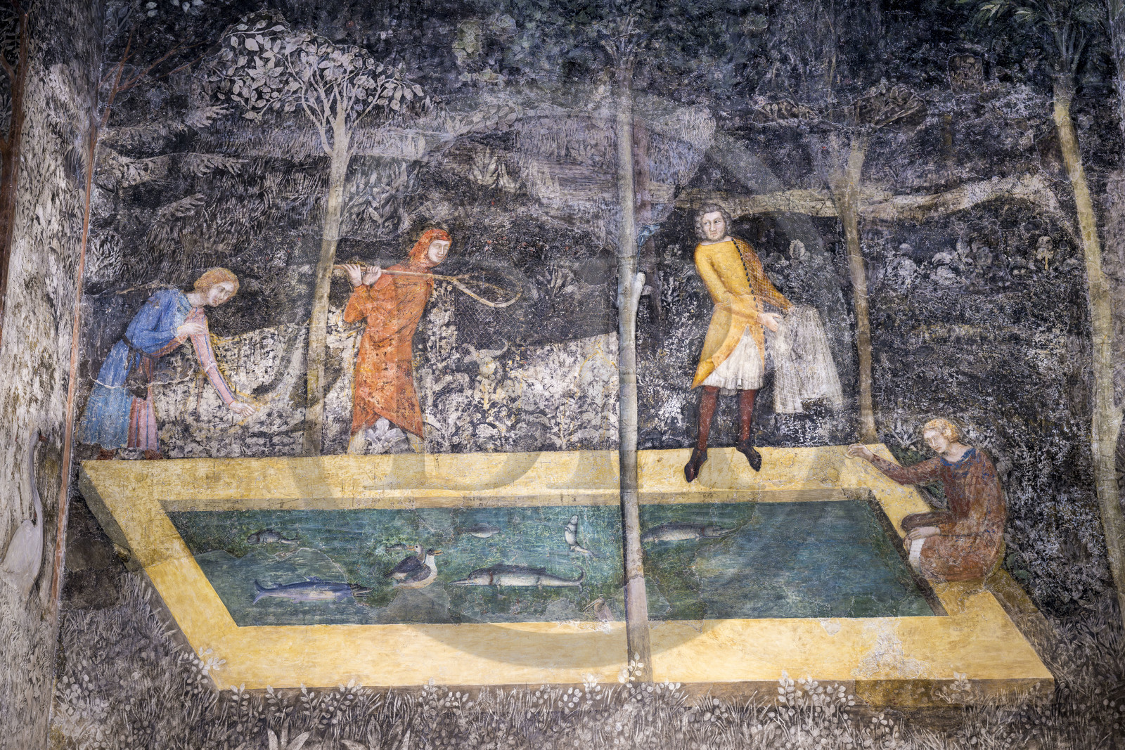 France, Vaucluse (84), Avignon, Palais des Papes classé Patrimoine mondial de l'UNESCO, tour de la Garde-Robe, chambre du Cerf, studium ou cabinet de travail de Clément VI, qui évoque dans un panorama ininterrompu les plaisirs seigneuriaux dont diverses techniques de chasse et de pêches, le vivier