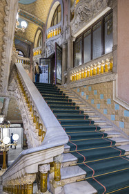 Spain, Catalonia, Barcelona, Palau de la Musica Catalana (Catalan Music Palace), concert hall designed by the architect of Catalan modernism Lluis Domènech i Montaner, a UNESCO World Heritage Site, vestibule, the banister of the stairs in finely worked stone and supported by balusters in transparent yellow glass