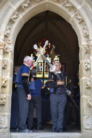 France, Finistere, Locronan, labelled Les plus Beaux Villages de France (The Most Beautiful Villages of France), leaving in traditional costume Péniti chapel adjacent to the church of Saint Ronan for the start of the procession of the Tromenie