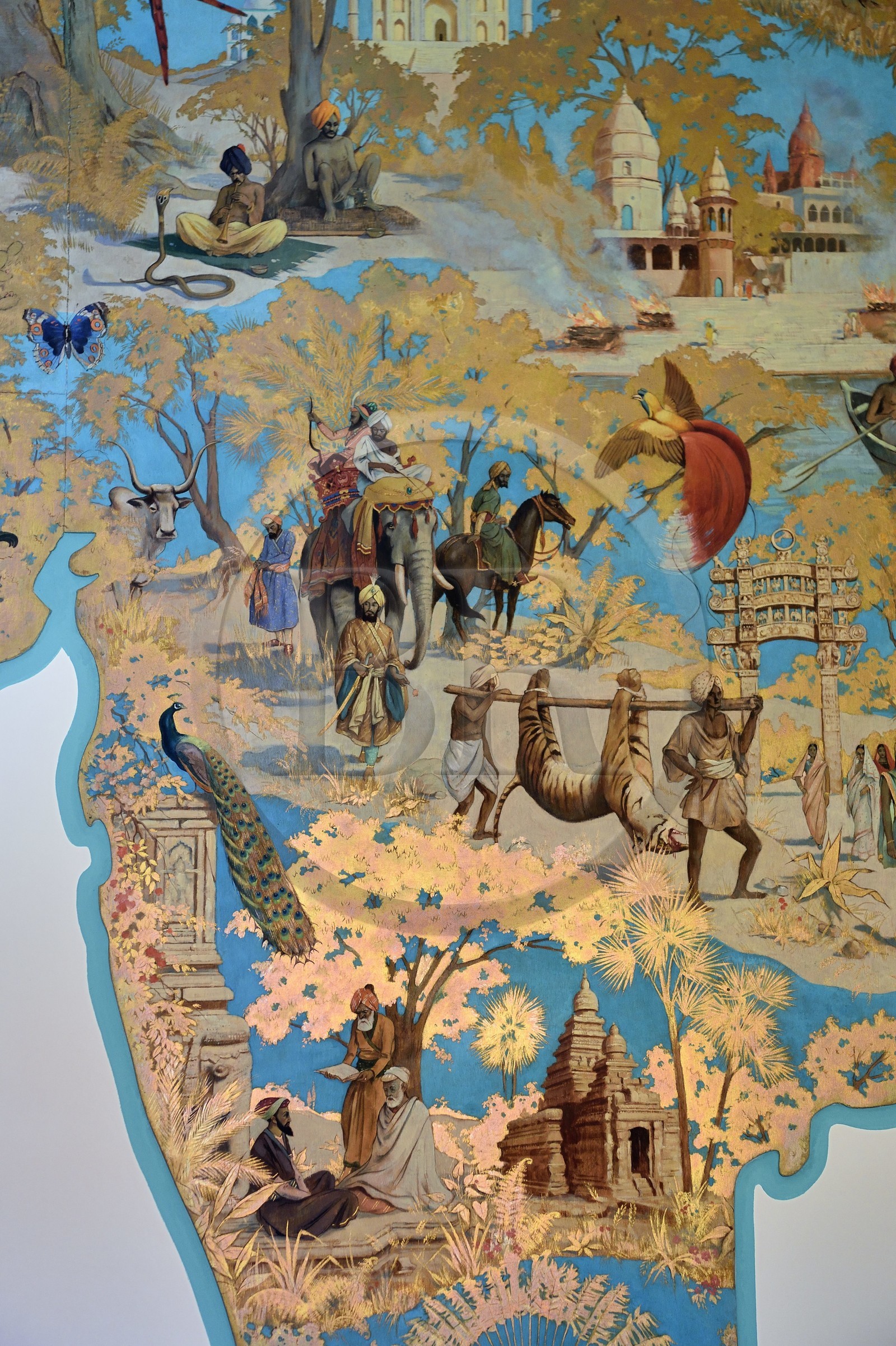 France, Allier (03), Vichy, villa art Déco René Jeux, détail de la carte murale de l'Orient rêvé des voyageurs, des déserts d’Asie centrale aux temples du Japon, peinte à la main sur du contreplaqué par Max Moreau en 1942