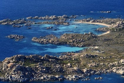 France, Corse du Sud, Bonifacio, Lavezzi Islands Nature Reserve and the Furcone and Acciarino cemeteries hosting the graves of the Semillante shipwrecked men (aerial view)