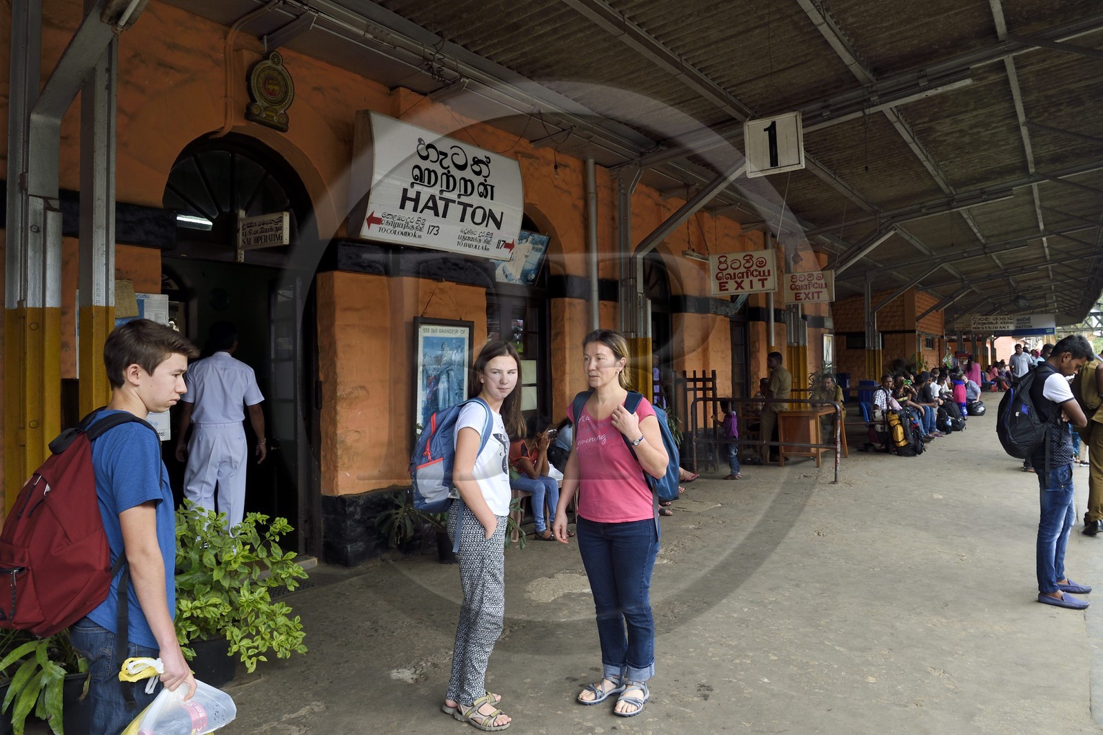 Sri Lanka, Province du Centre, trajet en train dans la région montagneuse de la culture du thé, gare de Hatton, panneau en trois langues (cingalais, tamoul et anglais)
