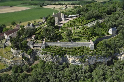 France, Dordogne, Perigord Noir, Dordogne Valley, Vezac, Les Jardins du château de Marqueyssac of the 18th century, park and castle (aerial view)