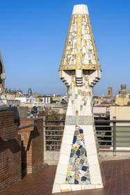 Spain, Catalonia, Barcelona, the Güell Palace (Palau Güell) built between 1886 and 1891 by the Catalan modernist architect Antoni Gaudi, a UNESCO World Heritage site, chimneys and ventilation towers on the roof terrace