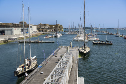 France, Morbihan, Lorient, Lorient La Base, former submarine base built by the Germans during the Second World War,  Cité de la Voile Eric Tabarly, the port of the 5 Pen Duick, Eric Tabarly's boats arrive on the pontoons