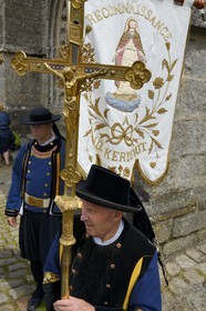 France, Finistere, Locronan, labelled Les plus Beaux Villages de France (The Most Beautiful Villages of France), leaving in traditional costume Péniti chapel adjacent to the church of Saint Ronan for the start of the procession of the Tromenie