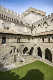 France, Vaucluse, Avignon, Palais des Papes (Palace of the Popes) listed as World heritage by UNESCO, The Cloister Courtyard in the Old Palace and the Campane Tower