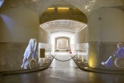 Spain, Catalonia, Barcelona, El Guinardo district, former Hospital de la Santa Creu i de Sant Pau listed as UNESCO World Heritage, modernist style by architect Domenech i Montaner, today a museum and a cultural center, It was composed of pavilions connected by underground passages.