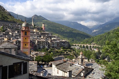 France, Alpes-Maritimes, Roya Valley (Nice hinterland), at the foot of the Mercantour National Park, Tende, Collegiate Church of Notre Dame de l'Assomption (Our Lady of the Assumption), the remnants of the Lascaris castle in the background