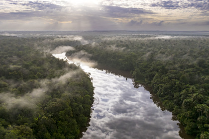 France, French Guiana, Kourou, Camp Maripas, the Kourou River flowing through the rainforest (aerial view)