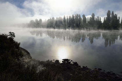 France, Seine-Maritime, Pays de Caux, Norman Seine River Meanders Regional Nature Park, Duclair, the Seine in the morning mist