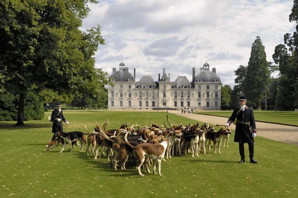 France, Loir-et-Cher (41), château de Cheverny, les piqueux Vol au Vent et La Rosée qui gèrent la meute de 90 chiens de chasse à cour