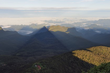 Sri Lanka, province du centre, Dalhousie, lever de soleil sur le Pic d'Adam (Adam's Peak), l'ombre triangulaire de l'Adam's peak se reflète sur la brume matinale