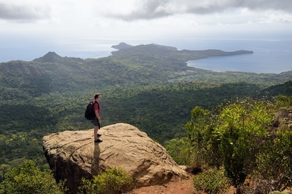 France, Mayotte island (French overseas department), Grande-Terre, Southern Crete Forest Reserve (Reserve Forestiere des Cretes du Sud), hiker at the summit of Mount Choungui (594 meters)