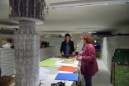 France, Charente, Angouleme, Cité internationale de la bande dessinée et de l’image (CIBDI)(International city of comics and images), in the reserves of the comic museum, Elie E Silva Deputy Director General of the City on the left and Anne Hélène Hoog Director of the Museum on the right