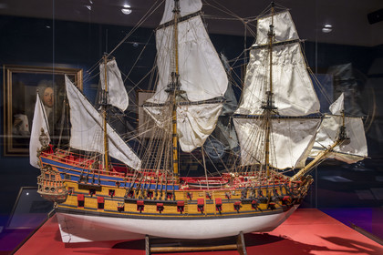 France, Morbihan, Port-Louis, Port Louis Citadel, museum of the Compagnie des Indes, model of the ship Le Soleil d'Orient, the first large commercial vessel built in Lorient on behalf of the Compagnie des Indes at the end of the 17th century