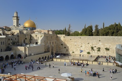 Israel, Jerusalem, holy city, the old town listed as World Heritage by UNESCO, the Western Wall part of the retaining walls of the Temple Mount built by Herod the Great and the Dome of the Rock on Haram al-Sharif in the background