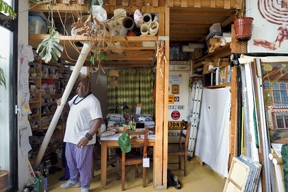 France, Paris, Barthelemy Toguo, the artist founder of Bandjoun Station in Cameroon, in his Parisian studio