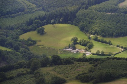 United Kingdom, England, Wales, forest and fields in the Brechfa region in Carmarthenshire (aerial view)