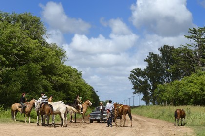 Argentine, province de Buenos Aires, gauchos à cheval sur une piste vers San Antonio de Areco