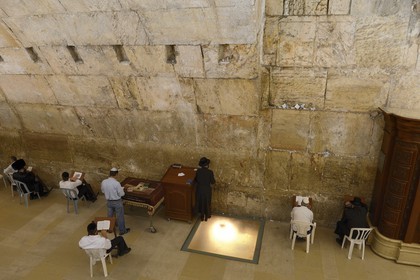 Israel, Jerusalem, holy city, the old town listed as World Heritage by UNESCO, covered part of the Western Wall part of the retaining walls of the Temple Mount built by Herod the Great, Orthodox Jews praying