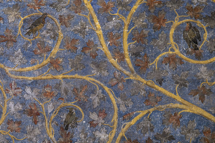 France, Vaucluse, Avignon, Palais des Papes (Palace of the Popes) listed as World heritage by UNESCO, the Tower of Angels or Pope's Tower, Pope's Room, a two-dimensional plant space made of vine and oak scrolls, dotted with birds and squirrels, adorns the walls on a sky blue background