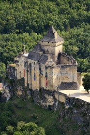 France, Dordogne, Perigord Noir, Dordogne Valley, Castelnaud la Chapelle, labelled Les Plus Beaux Villages de France (The Most Beautiful Villages of France), Castelnaud Castle on a cliff above the Dordogne valley (aerial view)