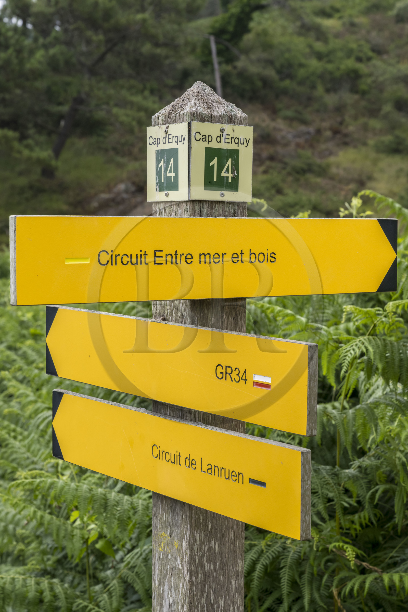 France, Côtes d'Armor (22), Grand Site de France Cap d'Erquy – Cap Fréhel, Erquy, panneaux de direction sur le chemin de Grande Randonnée GR34 en bordure de la plage du Guen