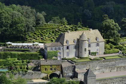 France, Dordogne, Perigord Noir, Dordogne Valley, Vezac, Les Jardins du château de Marqueyssac of the 18th century, park and castle (aerial view)