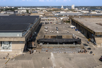 France, Morbihan, Lorient, Lorient La Base, former submarine base built by the Germans during the Second World War, submarine Flore S645 in service from 1964 to 1989 and its museum(aerial view)