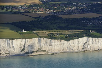 United Kingdom, England, Kent, St.Margaret's Bay, White Cliffs of Dover and the South Foreland lighthouse (aerial view)