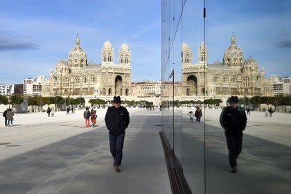 France, Bouches du Rhone, Marseille, MuCEM (Museum of Civilization in Europe and the Mediterranean) by the architect Rudy Ricciotti and R. Carta, the La Major Cathedral in the background