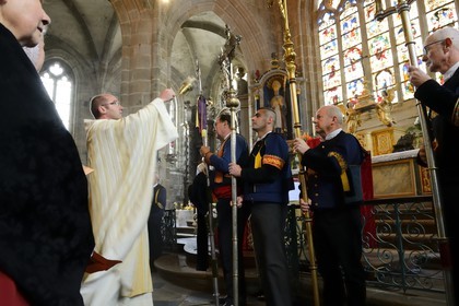 France, Finistere, Locronan, labelled Les plus Beaux Villages de France (The Most Beautiful Villages of France), Saint Ronan church, religious ceremony that precedes the procession of the Tromenie