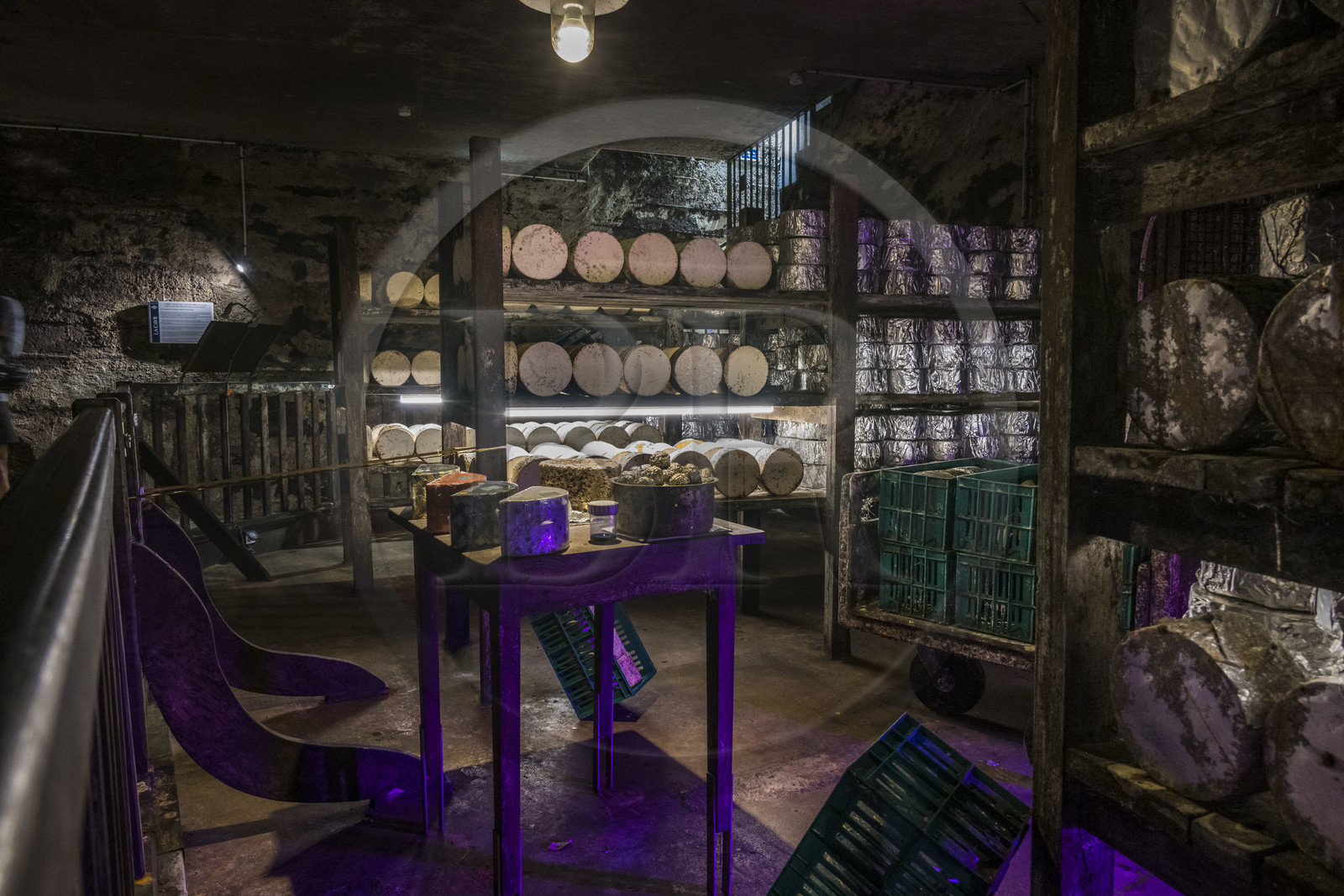 France, Aveyron (12), parc naturel régional des Grands-Causses, Roquefort-sur-Soulzon, reconstitution de la cave d'affinage du fromage de Roquefort de la marque Gabriel Coulet