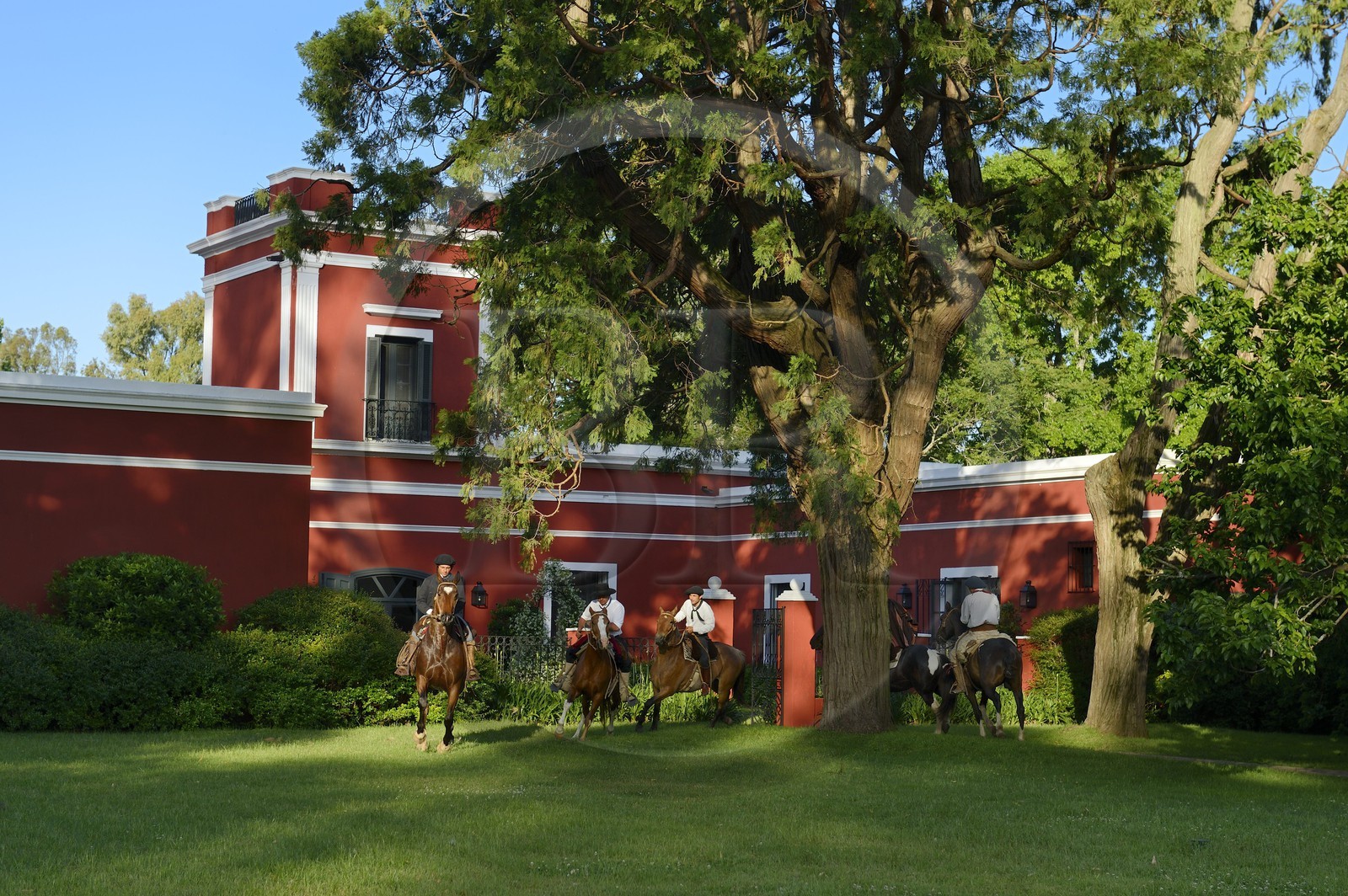 Argentine, province de Buenos Aires, San Antonio de Areco, groupe de gauchos à cheval devant l'estancia La Bamba de Areco