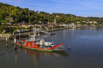 France, Seine-Maritime, Norman Seine River Meanders Regional Nature Park, the ferry crossing the Seine river at the village of La Bouille (aerial view)
