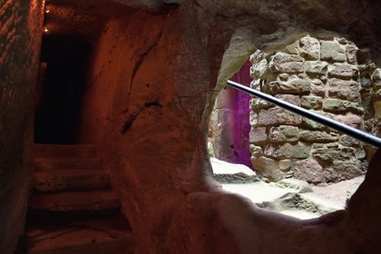 France, Bas Rhin, Northern Vosges Regional Natural Park, Lembach, Fleckenstein Castle, troglodyte staircase