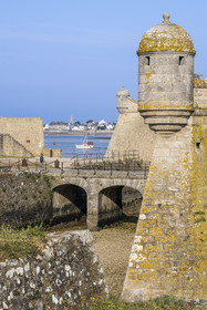 France, Morbihan, Port-Louis, Port Louis Citadel modified by Vauban, at Lorient harbour entrance, museum of the Compagnie des Indes, watchtowers around the first entrance door, Larmor-Plage in the background