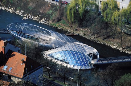 Austria, Styria, Graz, floating island on the river Mur, Cafe and cultural space created by the Architect Vito Acconci