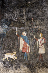 France, Vaucluse, Avignon, Palais des Papes (Palace of the Popes) classified as UNESCO World Heritage, Wardrobe Tower, the Deer's Room, the studium or study of Clement VI, which evokes in an uninterrupted panorama the lordly pleasures including various hunting and fishing techniques, hunting with falcon