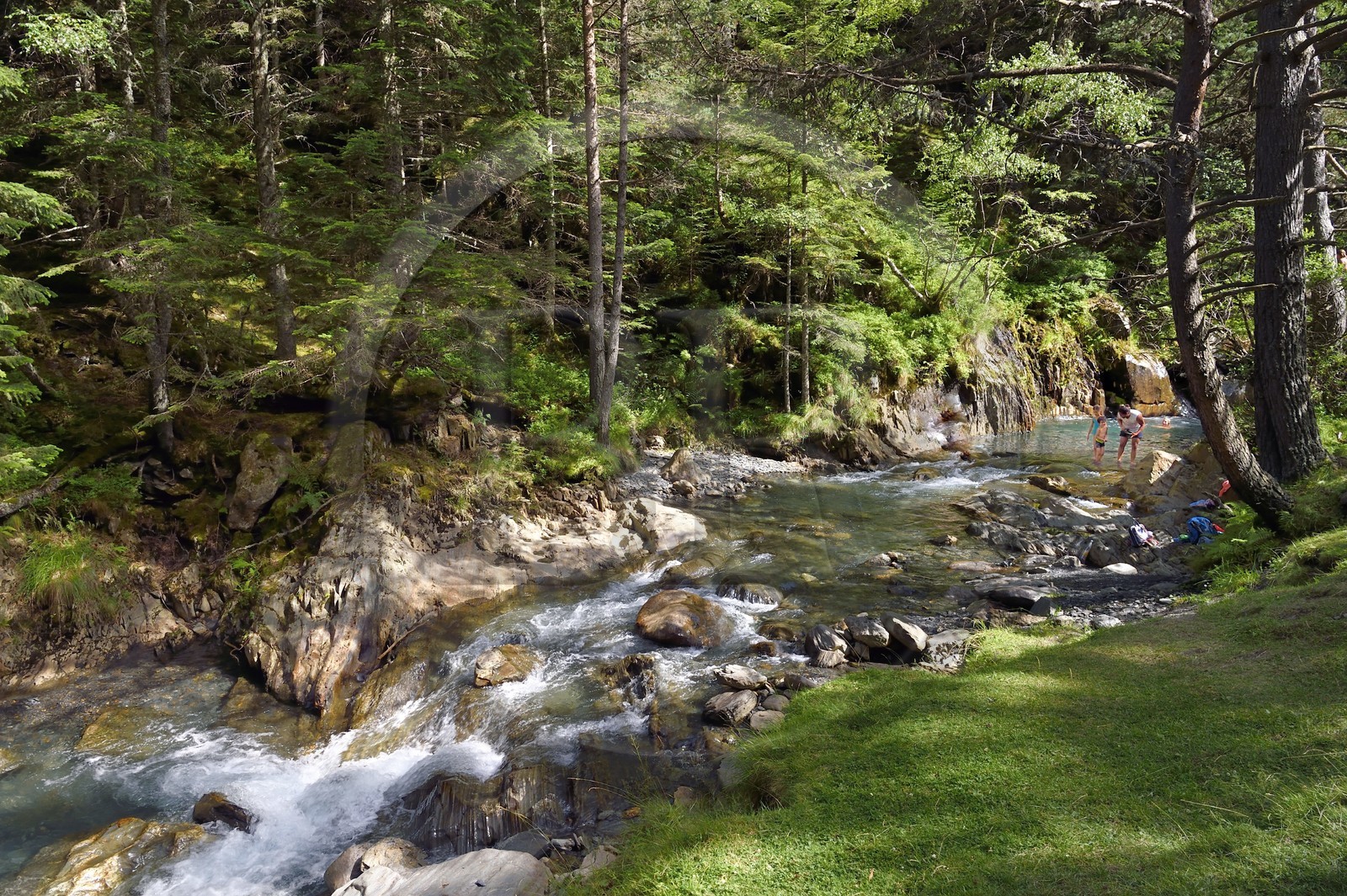France, Hautes-Pyrénées (65), Saint-Lary-Soulan, vallée du Rioumajou, baignade dans la (rivière) Neste de Rioumajou