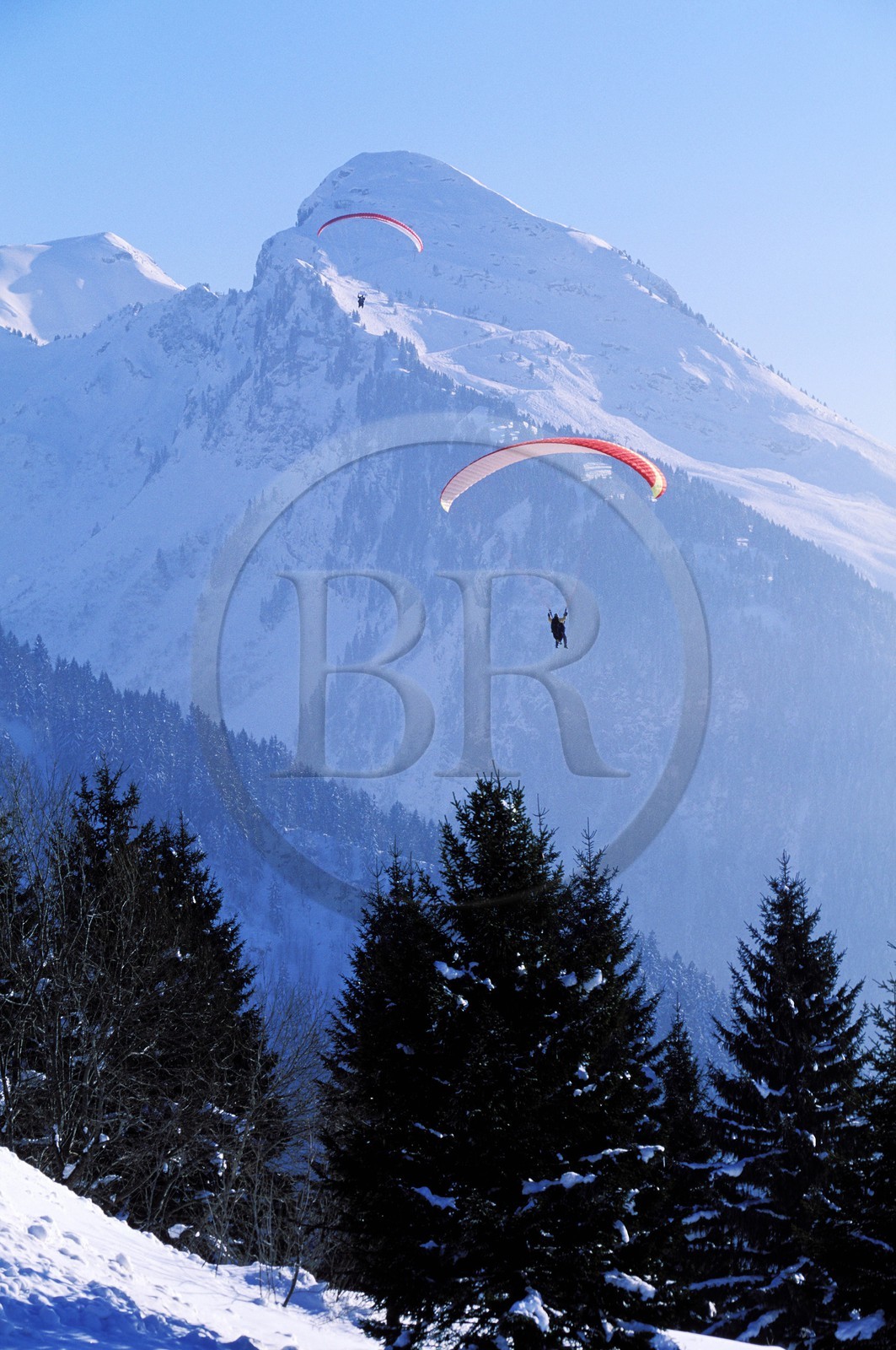 France, Haute-Savoie (74), domaine des portes du soleil, parapente au-dessus de Morzine