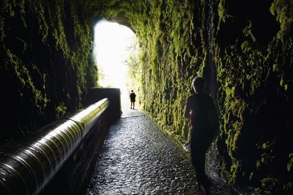Portugal, Madeira Island, hike in the forest of Rabaçal, connection tunnel to the Calheta valley via the Levada da Rocha Vermelha
