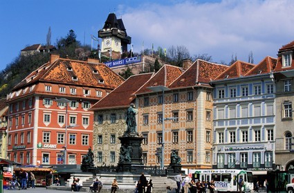 Austria, Styria, Graz, historic center listed as World Heritage by UNESCO, city, the Hauptplatz (central square) the Archduke John statue and the Tower Bell