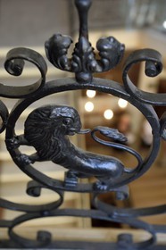 France, Bouches du Rhone, Arles, the hotel de Vernon (18th century mansion) property of the Dervieux family for four generations, lion decorating the stair railing